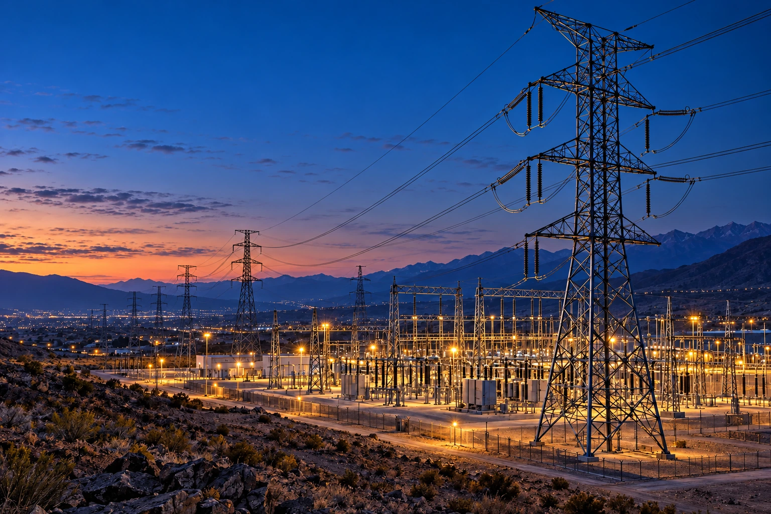 Infraestructura de transmisión eléctrica al atardecer